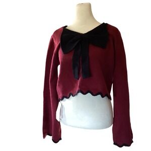 Commense Womens Bow Accent Scalloped Crop Sweater L Burgundy Dark Academy Preppy